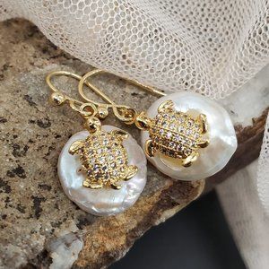 14K Gold Plated Earrings BAROQUE Coin Genuine Pearls Turtle Luxury